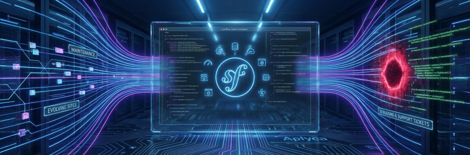 Logo de Symfony en medio de un circuito electronico futurista