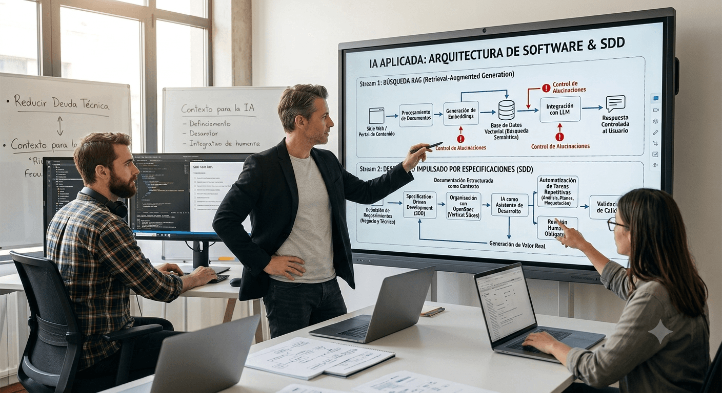 Equipo técnico analizando una arquitectura de inteligencia artificial aplicada al desarrollo de software, con flujos de RAG, LLMs y Specification-Driven Development en una pantalla.