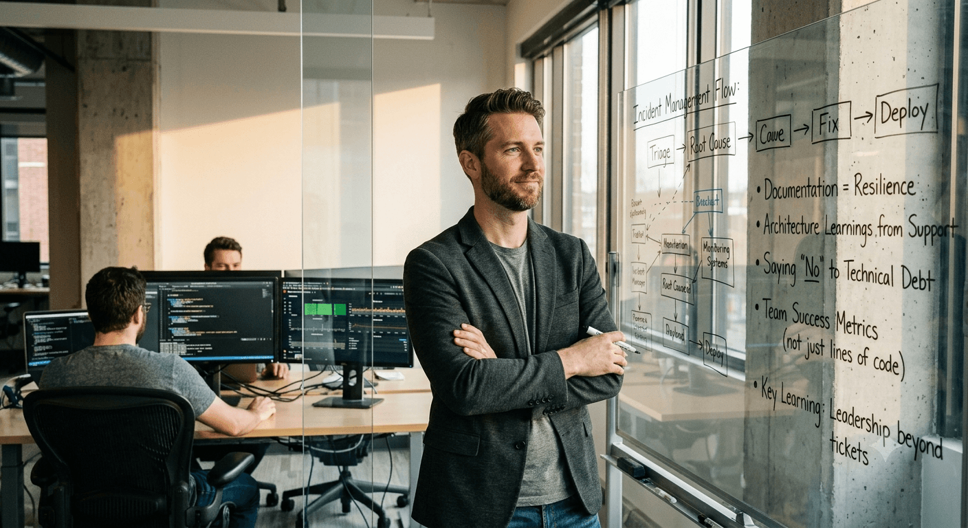 Líder técnico frente a un tablero de gestión de incidentes, arquitectura y documentación, con un equipo de desarrollo trabajando al fondo.